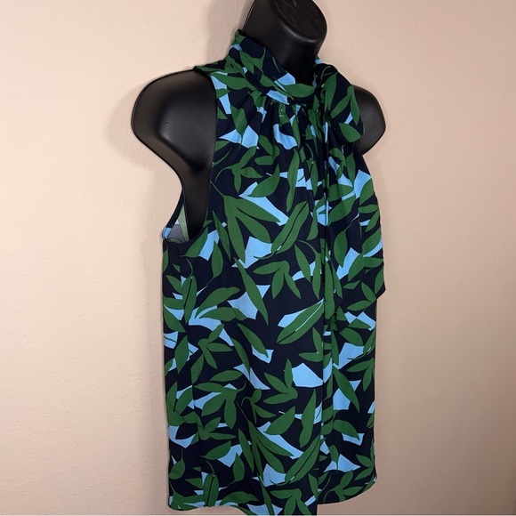 NEW Ann Taylor Petite Medium Blouse Green Blue Leaf Print Tie Neckline High Neck - Picture 5 of 14